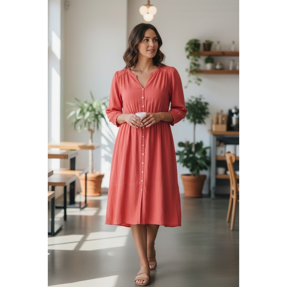J.Jill Coral Midi Dress Small Casual Lagenlook Minimalist Coastal Grandma Boho - Picture 2 of 8